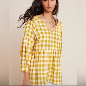 Maeve by Anthropologie gold white gingham check babydoll peasant top size s